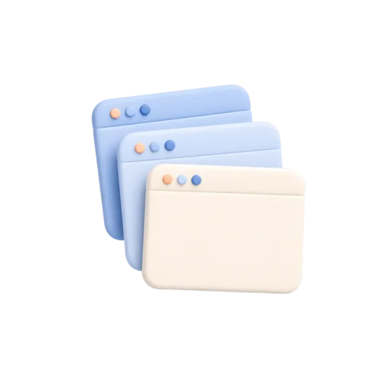 Three browser windows stacked behind one another.