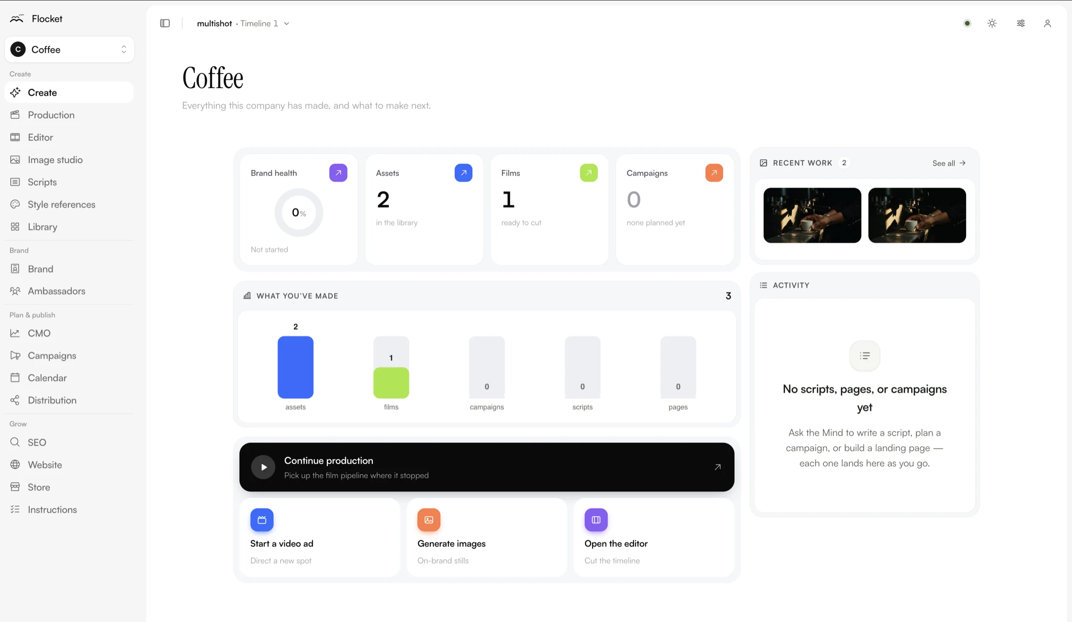 The Flocket workspace, showing a company's assets, films and campaigns.